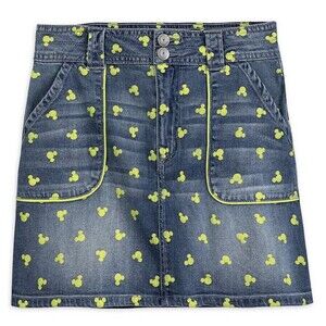 Disney Parks Denim Mini Skirt Women's Mickey Mouse Neon Green Icon Small New